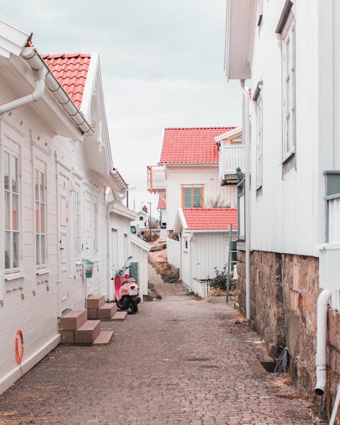 Family exploring a coastal Swedish village